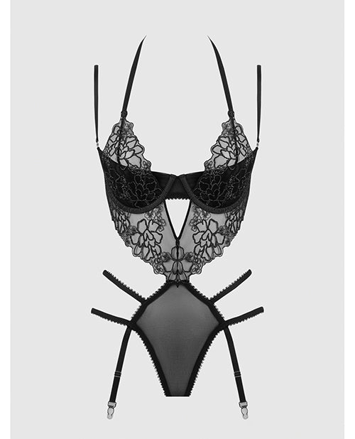Eden Embroidered Lace & Mesh Teddy w/Garters - Black SM