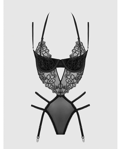 Eden Embroidered Lace & Mesh Teddy w/Garters - Black SM