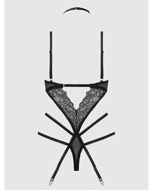 Eden Embroidered Lace & Mesh Teddy w/Garters - Black SM