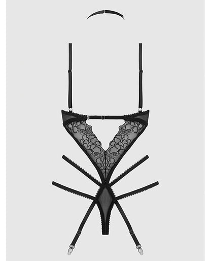 Eden Embroidered Lace & Mesh Teddy w/Garters - Black SM