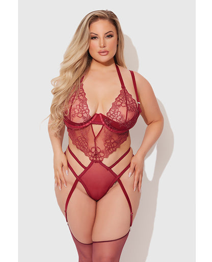 Eden Embroidered Lace & Mesh Teddy w/Garters - Dark Red XL