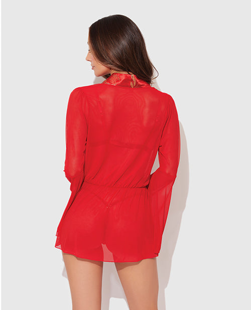 Dragon Sheer Mesh Robe w/Satin Triangle Top & G-String 3 pc Set - Red MD