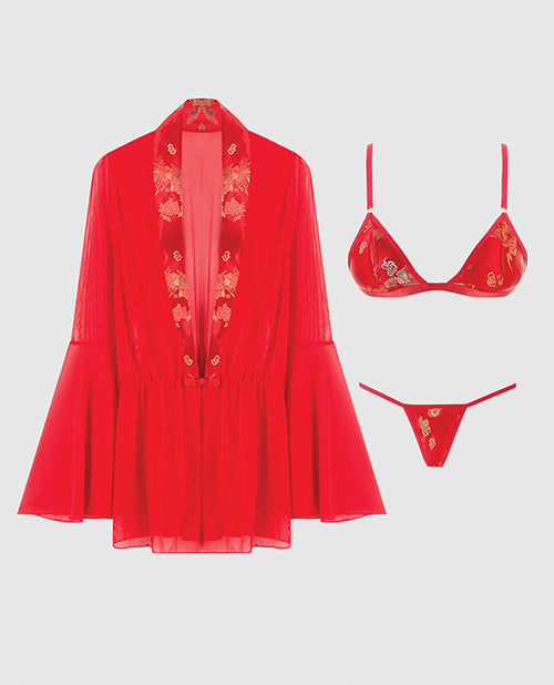 Dragon Sheer Mesh Robe w/Satin Triangle Top & G-String 3 pc Set - Red MD