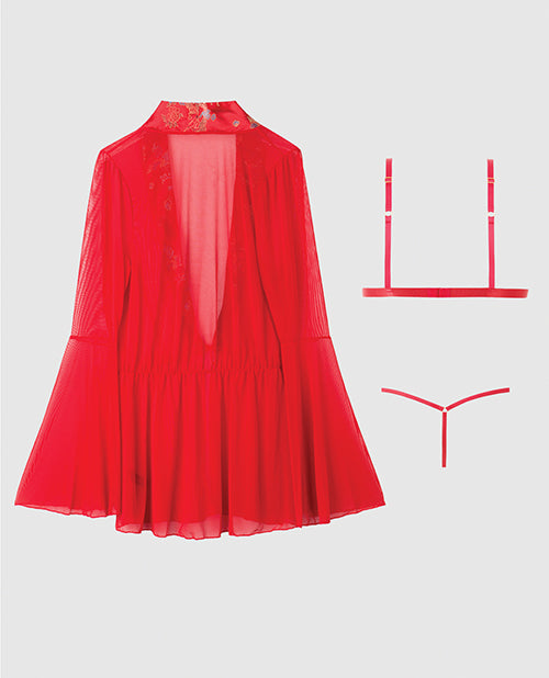 Dragon Sheer Mesh Robe w/Satin Triangle Top & G-String 3 pc Set - Red XL