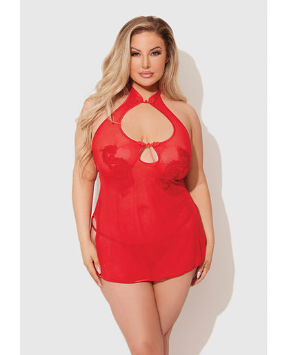 Dragon Mesh & Applique Chemise w/G-String 2 pc Set - Red LG