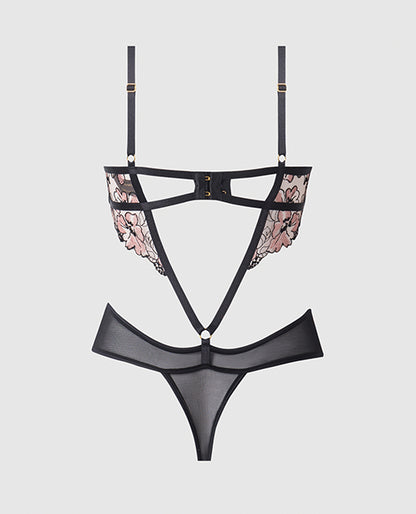 Nova Lace Teddy w/Garters - Black SM