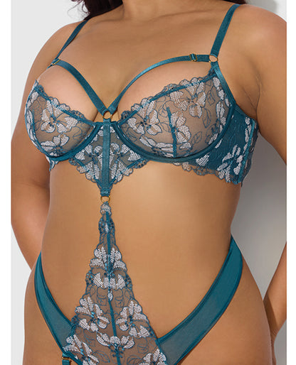 Nova Lace Teddy w/Garters - Jade Blue SM