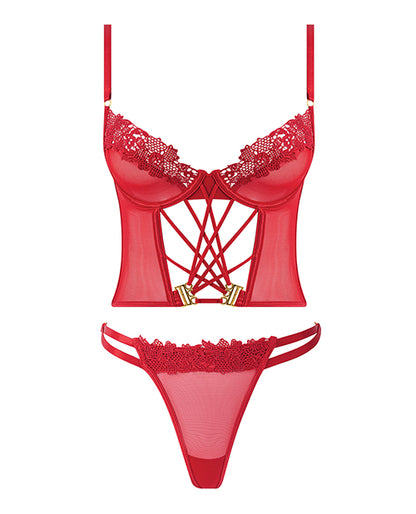 Ashley Alexiss Bustier w/Front Lace Up Ribbon Details & Matching High Cut Thong - Red SM