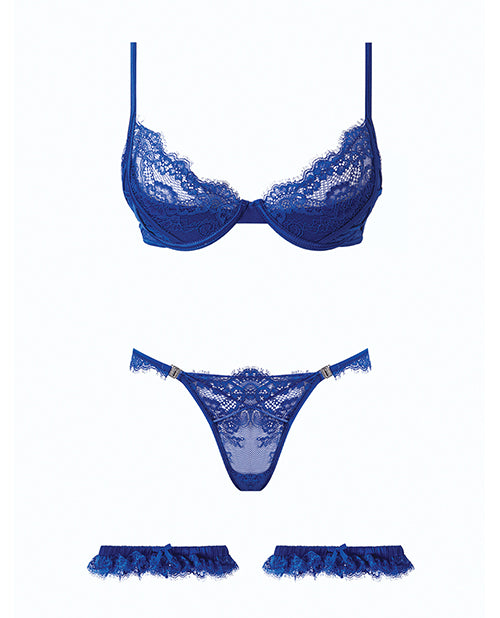 Madeline Lace & Mesh Bra, Garters, & Panty - Cobalt Blue MD