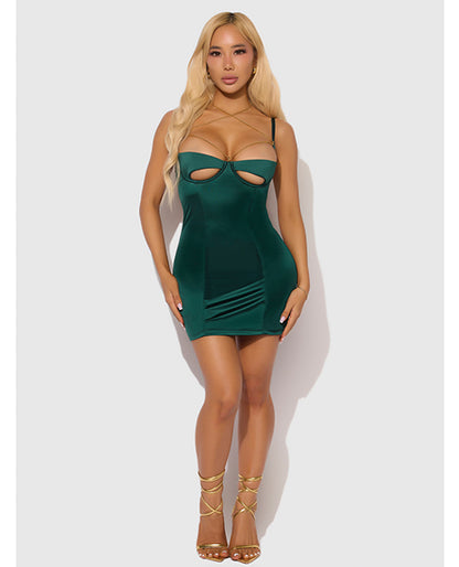 Evangeline Satin & Chain Open Cup & Back Chemise & G-String Set - Green LG