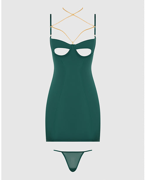 Evangeline Satin & Chain Open Cup & Back Chemise & G-String Set - Green LG