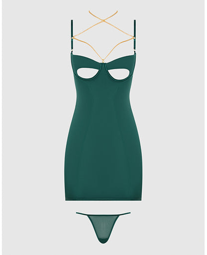 Evangeline Satin & Chain Open Cup & Back Chemise & G-String Set - Green LG