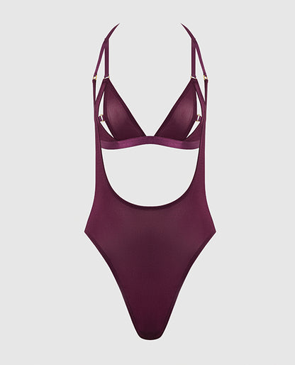 Yasmine Shimmer Mesh Slit Cup, Backless Teddy & Bralette Set - Burgundy XL