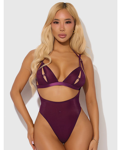 Yasmine Shimmer Mesh Slit Cup, Backless Teddy & Bralette Set - Burgundy XL
