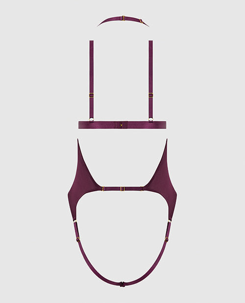 Yasmine Shimmer Mesh Slit Cup, Backless Teddy & Bralette Set - Burgundy XL