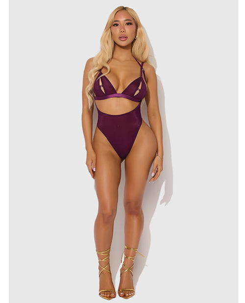 Yasmine Shimmer Mesh Slit Cup, Backless Teddy & Bralette Set - Burgundy XL