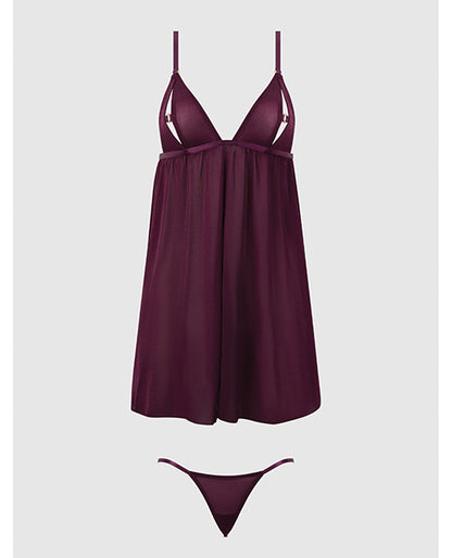 Yasmine Shimmer Mesh O-Ring Slit Cup Babydoll & G-String Set - Burgundy XL