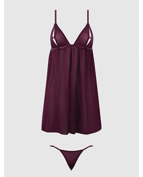 Yasmine Shimmer Mesh O-Ring Slit Cup Babydoll & G-String Set - Burgundy XL