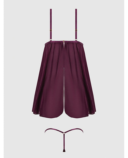 Yasmine Shimmer Mesh O-Ring Slit Cup Babydoll & G-String Set - Burgundy XL