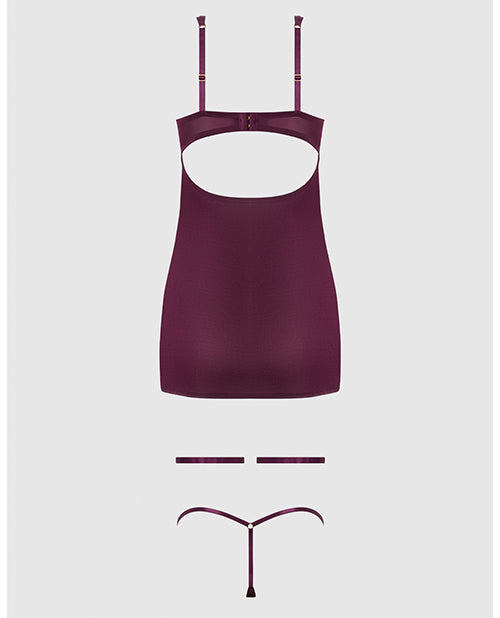 Yasmine Shimmer Mesh O-Ring Thigh Garter Chemise & G-String Set - Burgundy XL