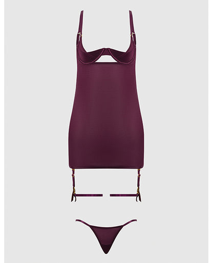 Yasmine Shimmer Mesh O-Ring Thigh Garter Chemise & G-String Set - Burgundy XL