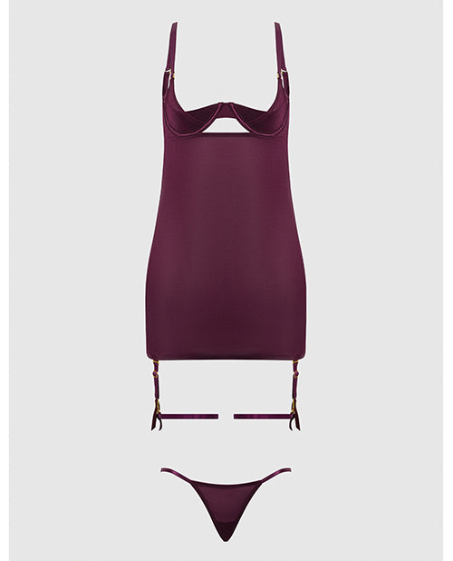 Yasmine Shimmer Mesh O-Ring Thigh Garter Chemise & G-String Set - Burgundy XL