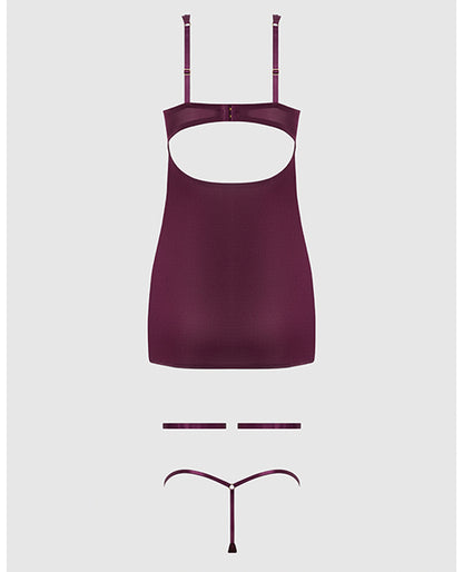 Yasmine Shimmer Mesh O-Ring Thigh Garter Chemise & G-String Set - Burgundy XL