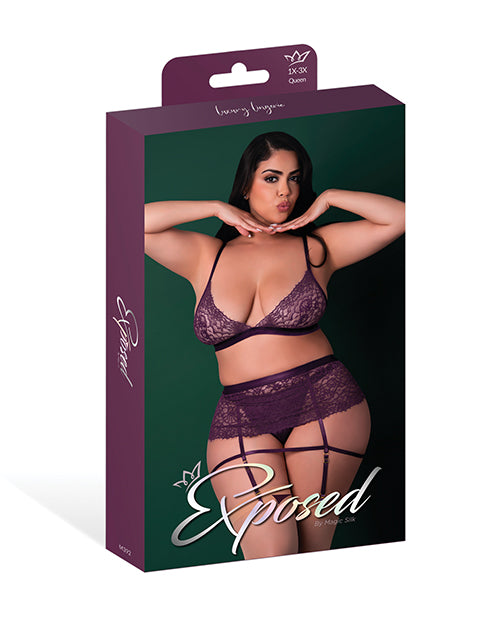 Leather & Lace Stretch Mesh and Lace Bralette w/Garter & Thong 3 pc Set - Plum S/M