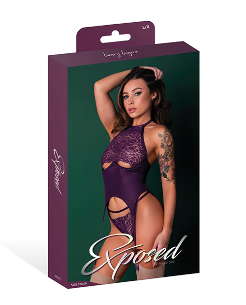 Leather & Lace Stretch Mesh and Lace Underboob Cutout Corset & Panty 2 pc Set - Plum 2X