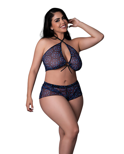 Hazy Dayz Butterfly Blacklight Reflective Halter Top & Short 2 pc Set - Black Multi S/M