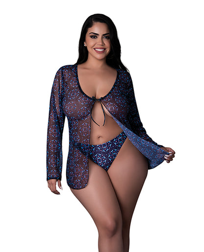 Hazy Dayz Butterfly Blacklight Reflective Tie Front Top & Thong 2 pc Set - Black Multi S/M