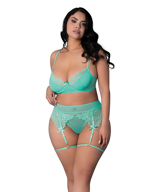 Caribbean Crush Demi Bra w/Thong & Garters 3 pc Set - Aqua S/M