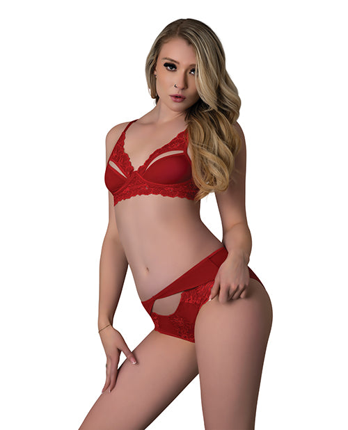 Rush Lace & Mesh Bra & Panty 2 pc Set - Red S/M