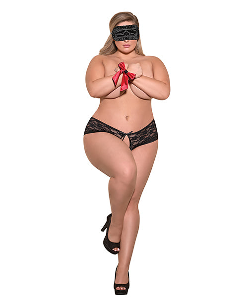 Love & Bondage Split Back Lace Booty Short, Blindfold & Wrist Ties Black L/XL