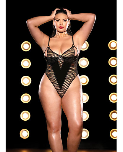 FETISH Frisky Fishnet & Vinyl Shelf Cup Peek A Boo Teddy Black MD