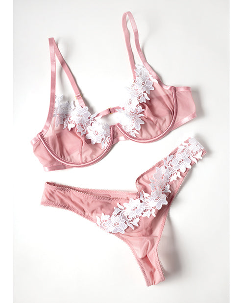 Glinda Mesh 2 pc Set w/Floral Embroidered Details - Pink & White XL