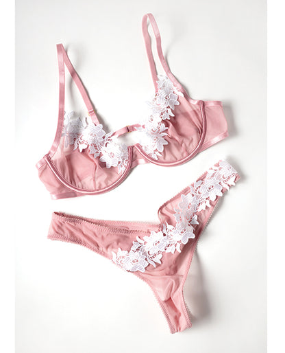 Glinda Mesh 2 pc Set w/Floral Embroidered Details - Pink & White XL