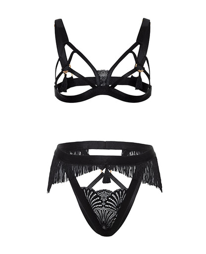 Annika Open Cup 2 pc Set w/Fringe and Tassel Detail - Black S/M