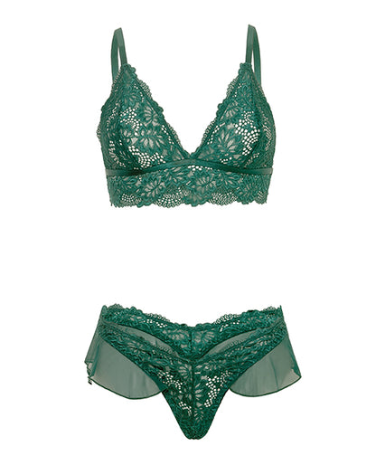 Alessia Soft Cup Lace & Mesh 2 pc Set w/Ruffle Details - Green LG