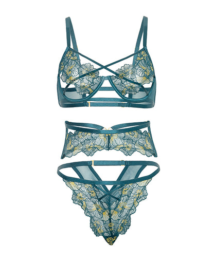 Daphne Lace Underwire 3 pc Set w/Embroidered Trim & Crossing Elastics - Blue MD