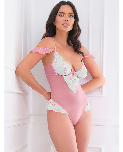 Cassandra Lace & Mesh Teddy w/Ruffle Details - Pink & White MD