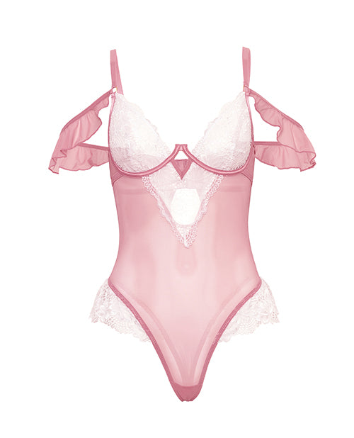 Cassandra Lace & Mesh Teddy w/Ruffle Details - Pink & White MD