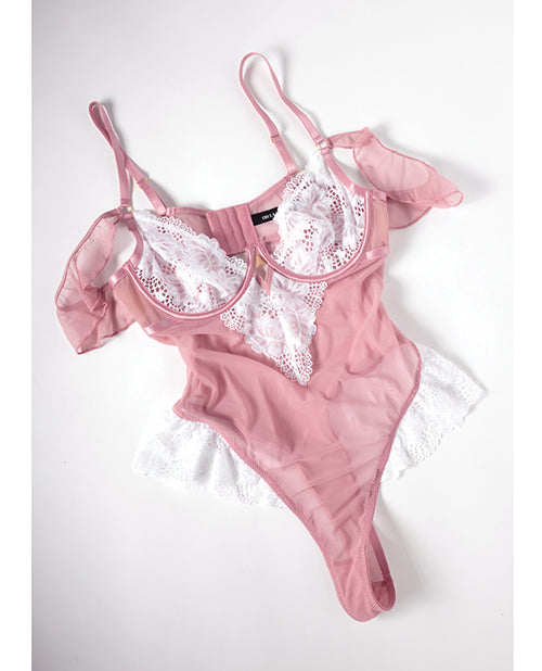 Cassandra Lace & Mesh Teddy w/Ruffle Details - Pink & White MD