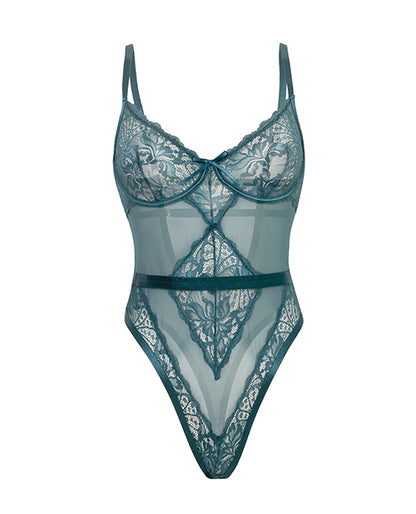 Paisley Lace & Mesh Teddy w/Bow Details - Turquoise S/M