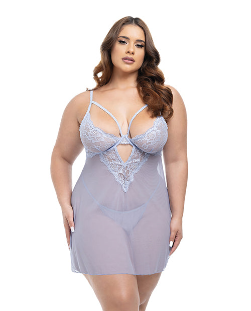 Elsie Lace & Mesh Underwire Babydoll w/G-String 2 pc Set - Brunnera Blue L/XL