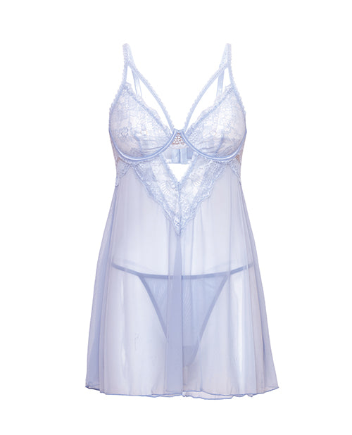 Elsie Lace & Mesh Underwire Babydoll w/G-String 2 pc Set - Brunnera Blue L/XL