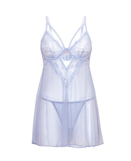 Elsie Lace & Mesh Underwire Babydoll w/G-String 2 pc Set - Brunnera Blue L/XL