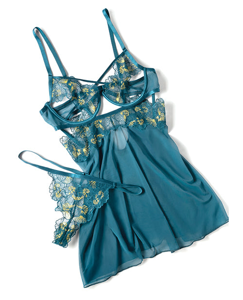 Daphne Lace & Mesh Babydoll w/Embroidered Details & Crossing Elastics - Blue MD