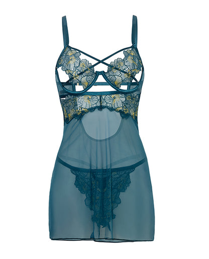 Daphne Lace & Mesh Babydoll w/Embroidered Details & Crossing Elastics - Blue MD