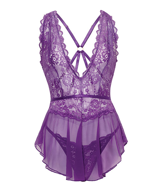 Harmony V-Plunge Lace & Mesh Babydoll w/G-String - Purple 1X/2X